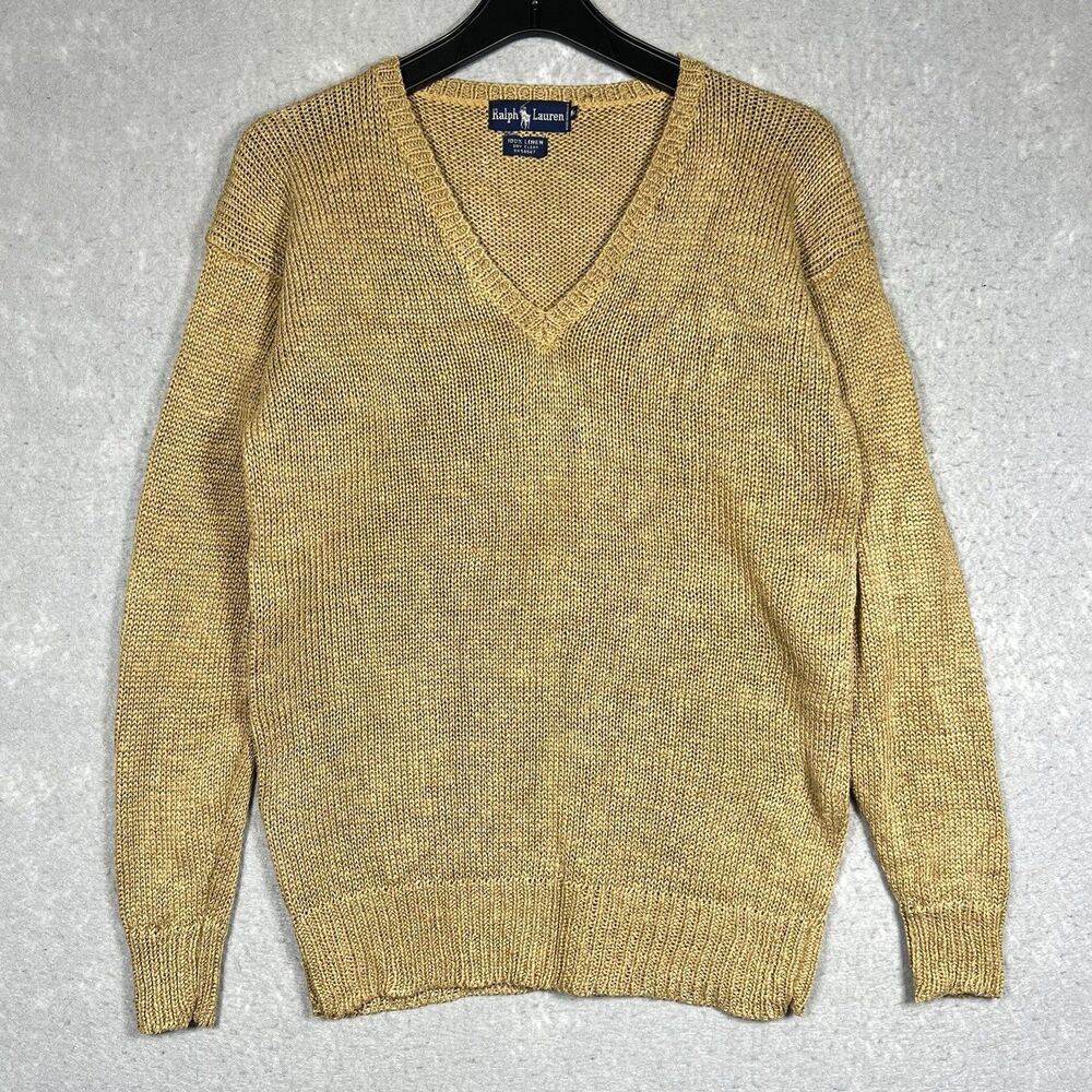 VTG Polo Ralph Lauren Sweater Adult Medium Mustard 100% Linen Hand Knit V Neck